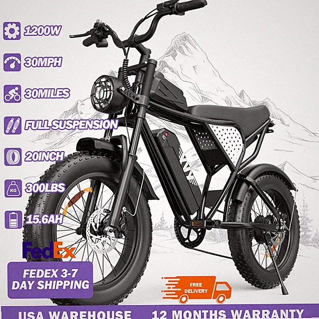 YVY 1200W Electric Bike for Adults 48V 15.6AH 30MPH 20" Fat Tire Mountain Ebike